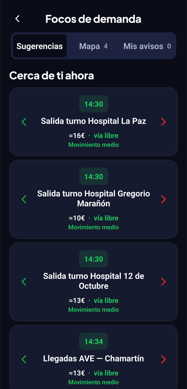 App TAXSIYA Conductor: focos de demanda cercanos con hora, importe estimado y estado del tráfico