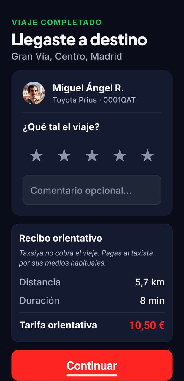 Pantalla final del viaje en TAXSIYA con el importe orientativo y el aviso de que se paga al taxista
