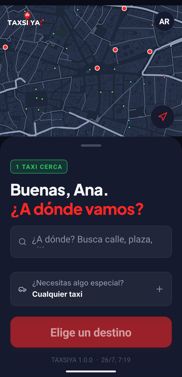 App de cliente TAXSIYA: mapa de Madrid con los taxis oficiales libres